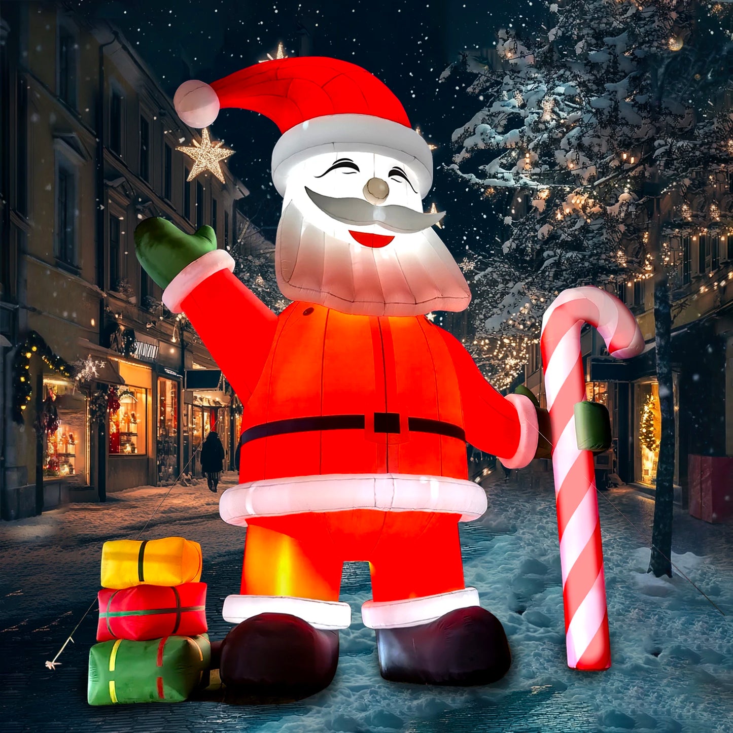 10m LED Christmas Inflatable Santa Claus With Cindy Cane Gift Boxes, Outdoor Blow Up Christmas Decoration Giant Inflatable