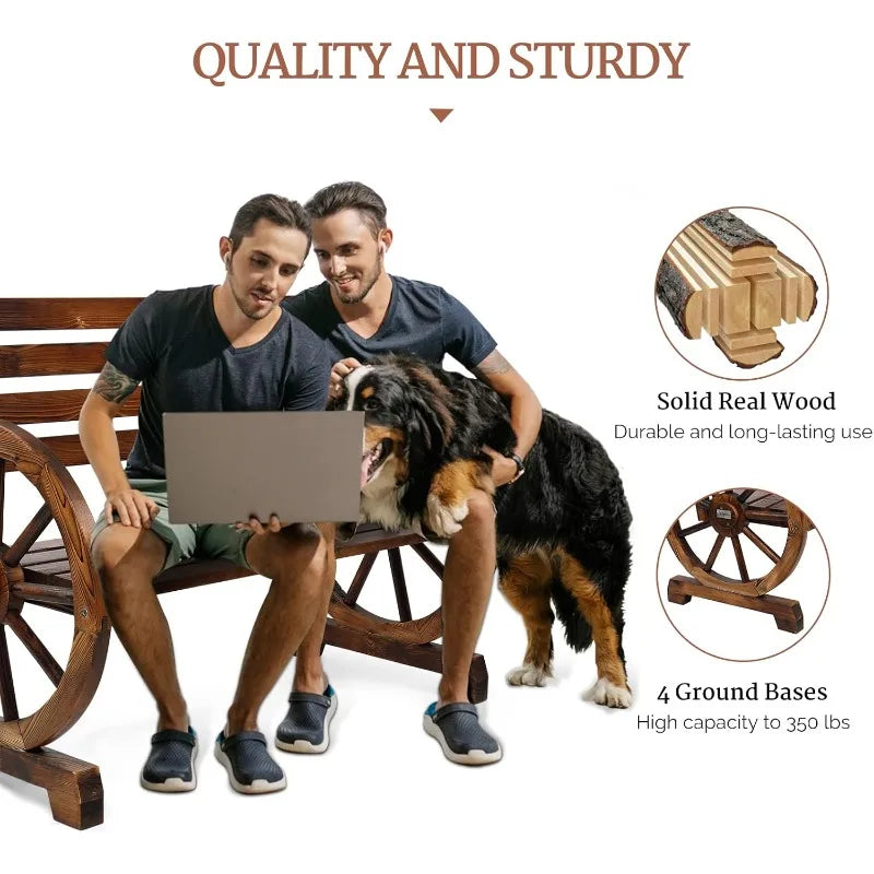 41" Rustic Wooden Wheel Bench Outdoor Bench,2-Person Patio Bench Wagon Slatted Seat,Garden Benches Outdoors 350lbs High Capacity - TrendForce25