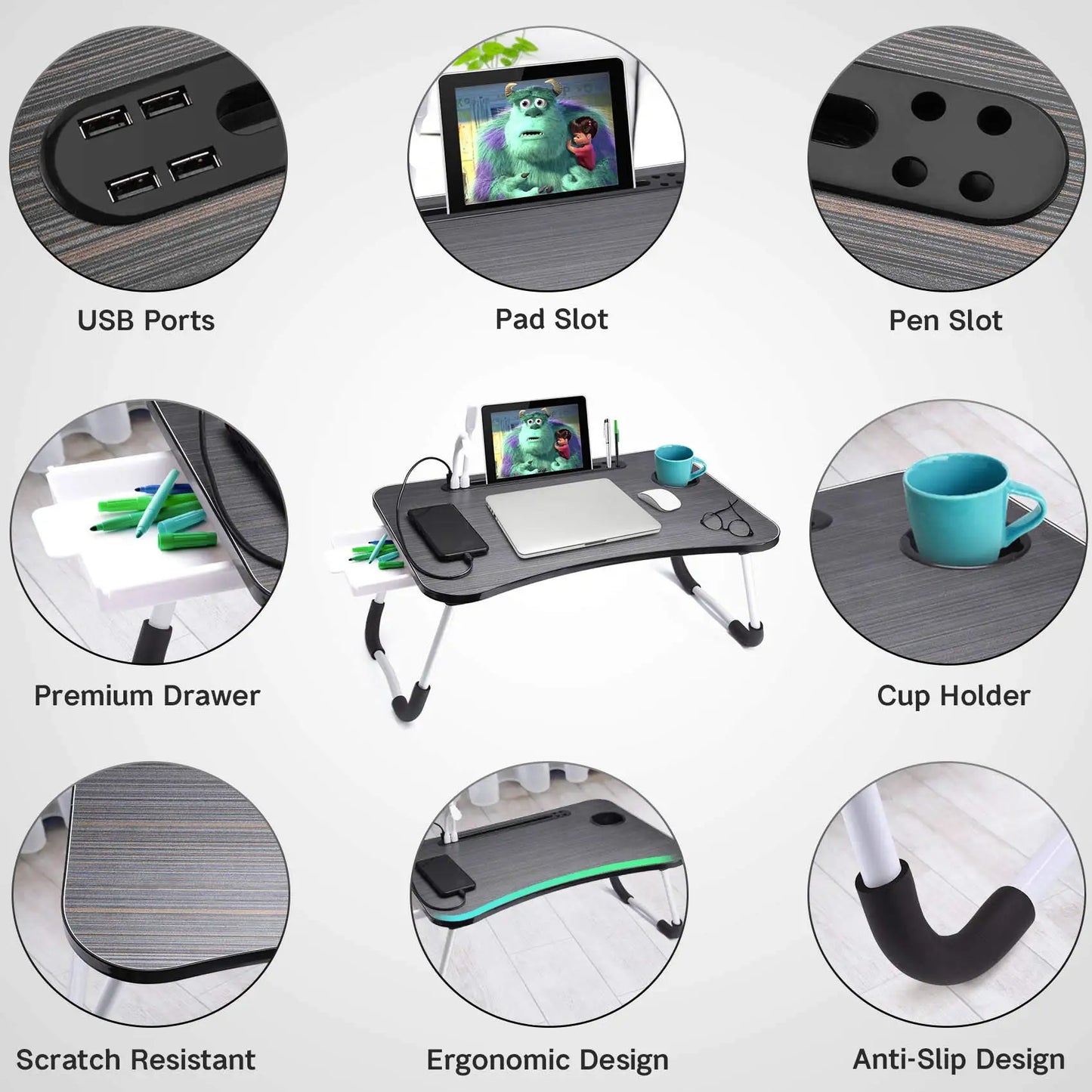 NEW 40x60cm portable folding table laptop table for office and home use with USB light, small fan, cup holder, tablet slot