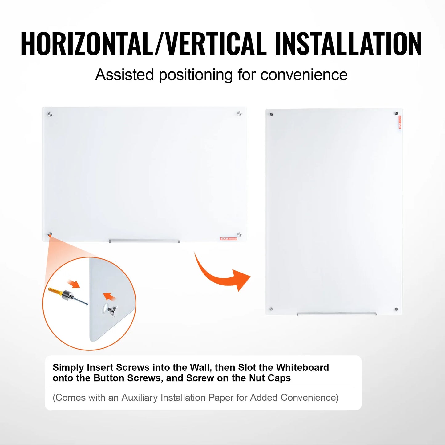 VEVOR Magnetic Glass Whiteboard 36"x24"/48"x32"/72"x36" Dry Erase Board Wall-Mount Large Frameless Glassboard for School Office