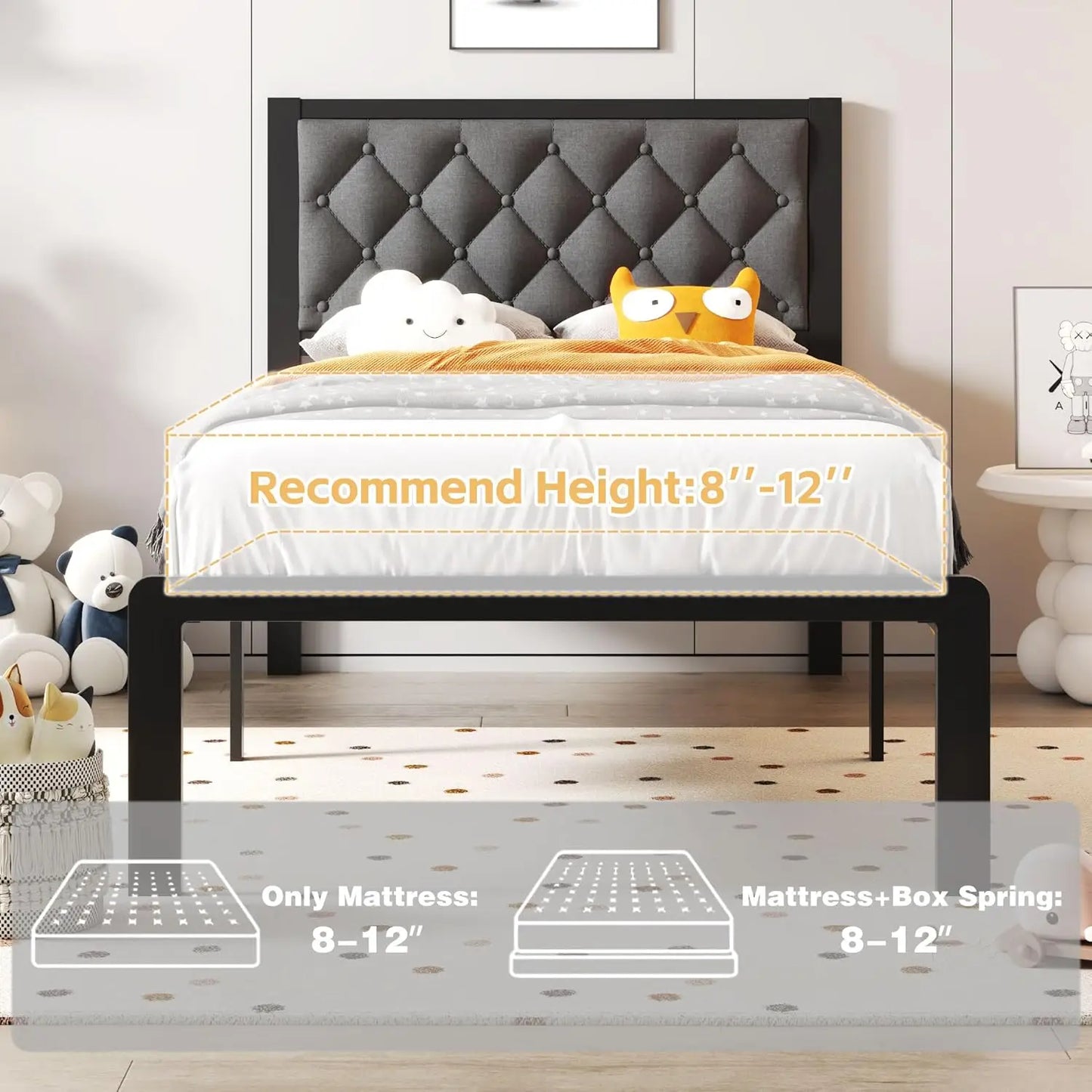 Full Size Bed Frame with Storage Space and PU Leather Upholstered Bed Frame Platform, Easy Assembly, No Box Spring Needed
