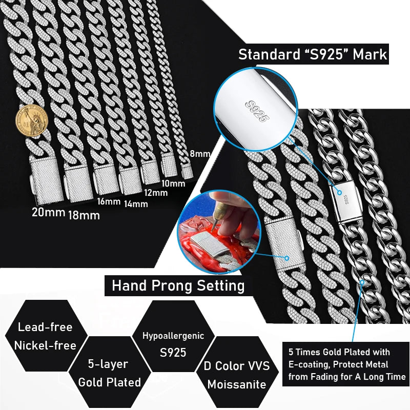 D VVS Moissanite 8-20mm S925 Sterling Silver Cuban Link Bracelet Miami Chain Necklace For Men Singer Style Rap Hip Hop Jewelry - TrendForce25