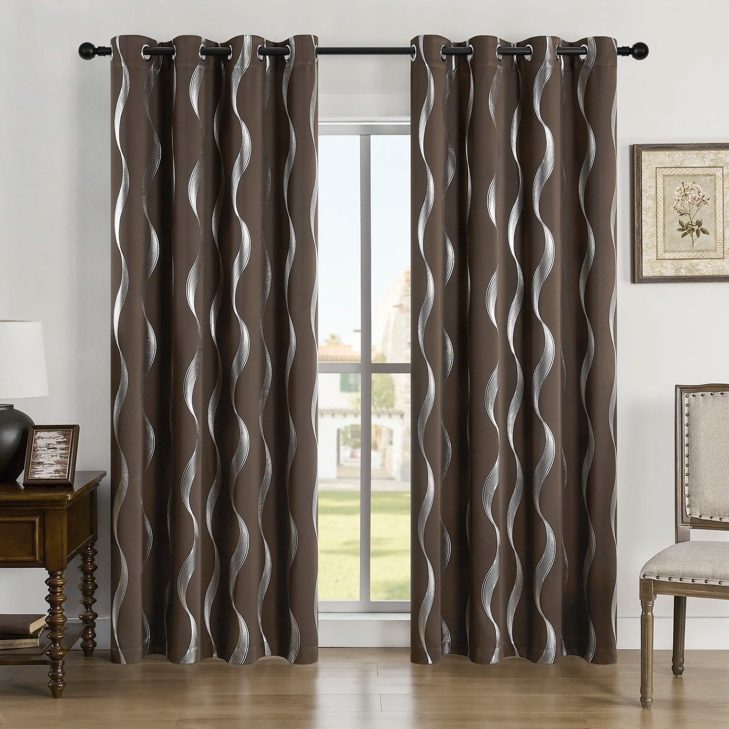 4Pcs Blackout Curtains Grommet Thermal Insulated Room Darkening With Wave Foil Printed For Bedroom - TrendForce25