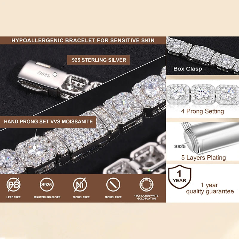 Iced Out Moissanite Halo Tennis Bracelet for Women Men S925 Sterling Silver 18k Gold Plated Jewelry with GRA Bracelets Gifts - TrendForce25