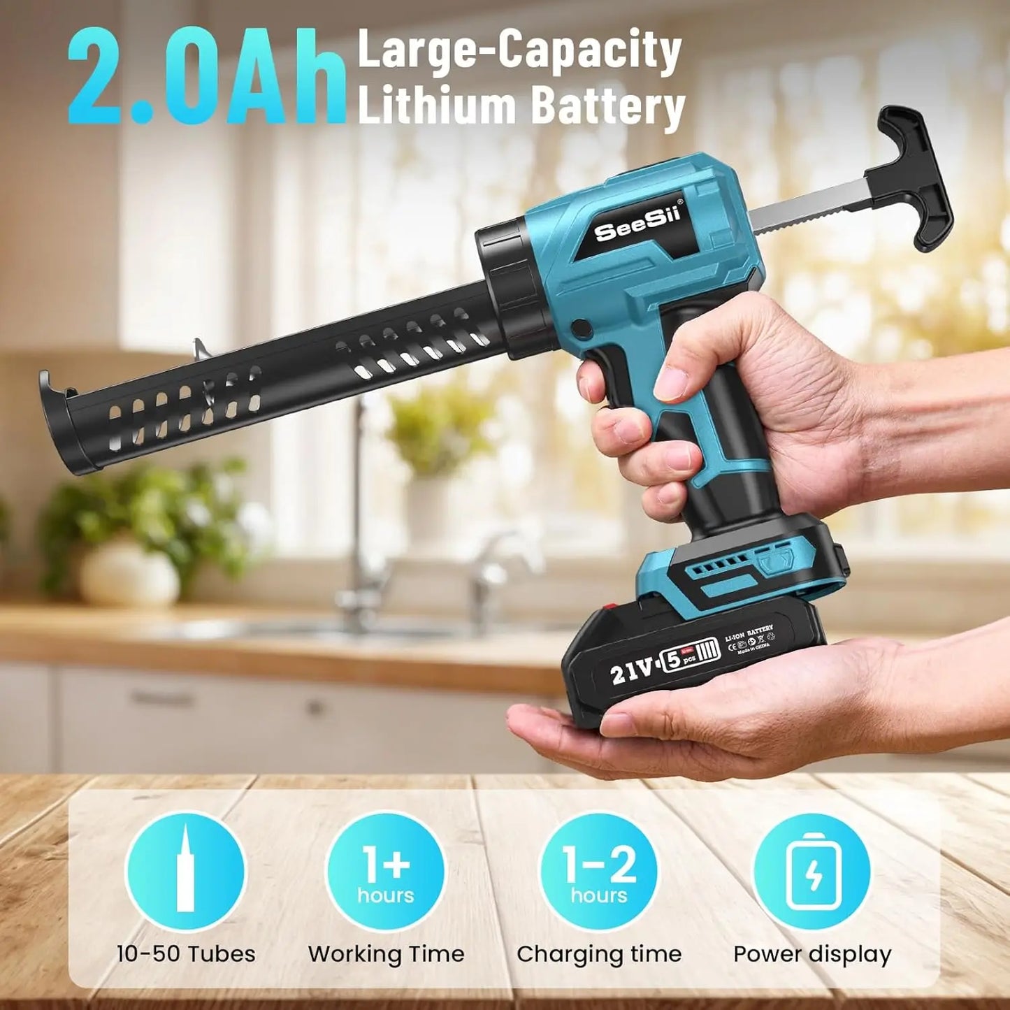 Seesii Cordless Caulking Gun 21V Battery Caulk Gun Electric Glue Gun 4 Speeds Auto Retract, Adhesive Gun Kit for Filling Sealing