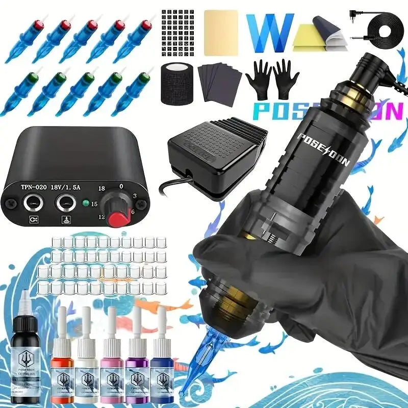 Tattoo Kit POSEIDON New Memory Tattoo Pen Kit For Permanent Makeup Tattoo Machine Wireless Tattoo Power Supply Tattoo Gun Kit