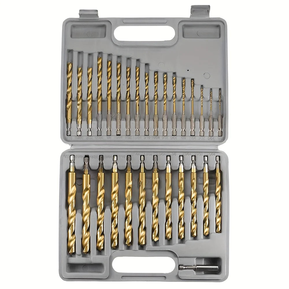Titanium Impact Drill Bit Set -30 Pcs Hex Shank HSS,1/16"-1/2"Hex Shank Drill Bit Set,Quick Change Design,for Wood,Steel,Metal - TrendForce25