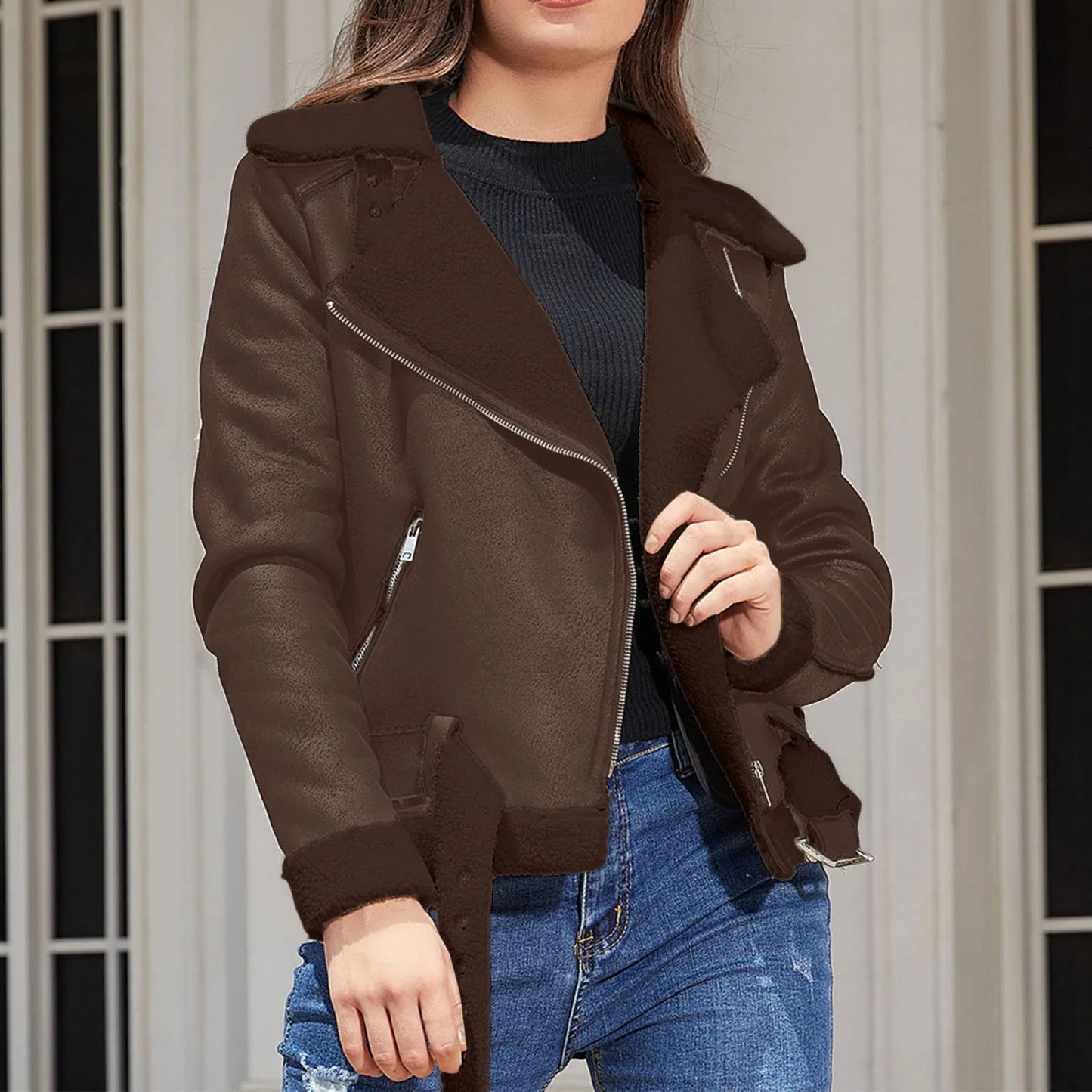 Warm Suede Lamb Jacket Winter Women Thick Short Motorcycle Coats Faux Shearling Leather Jackets Zip Cool Outwear Women'S Coat