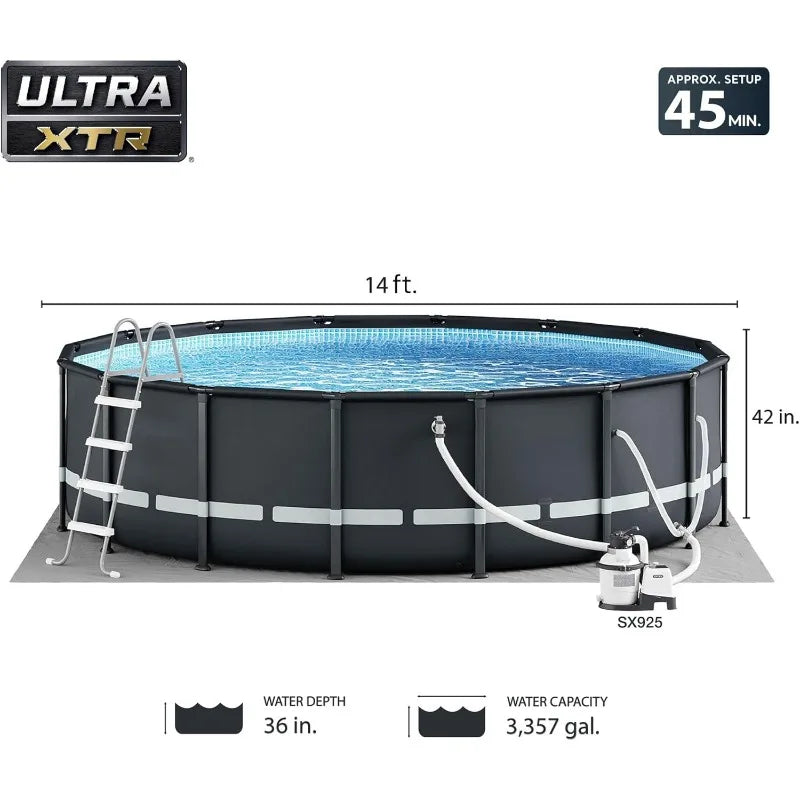 14' x 42" Round Above Ground Outdoor Swimming Pool Set with Sand Filter Pump, Ladder, Ground Cloth, and Po - TrendForce25