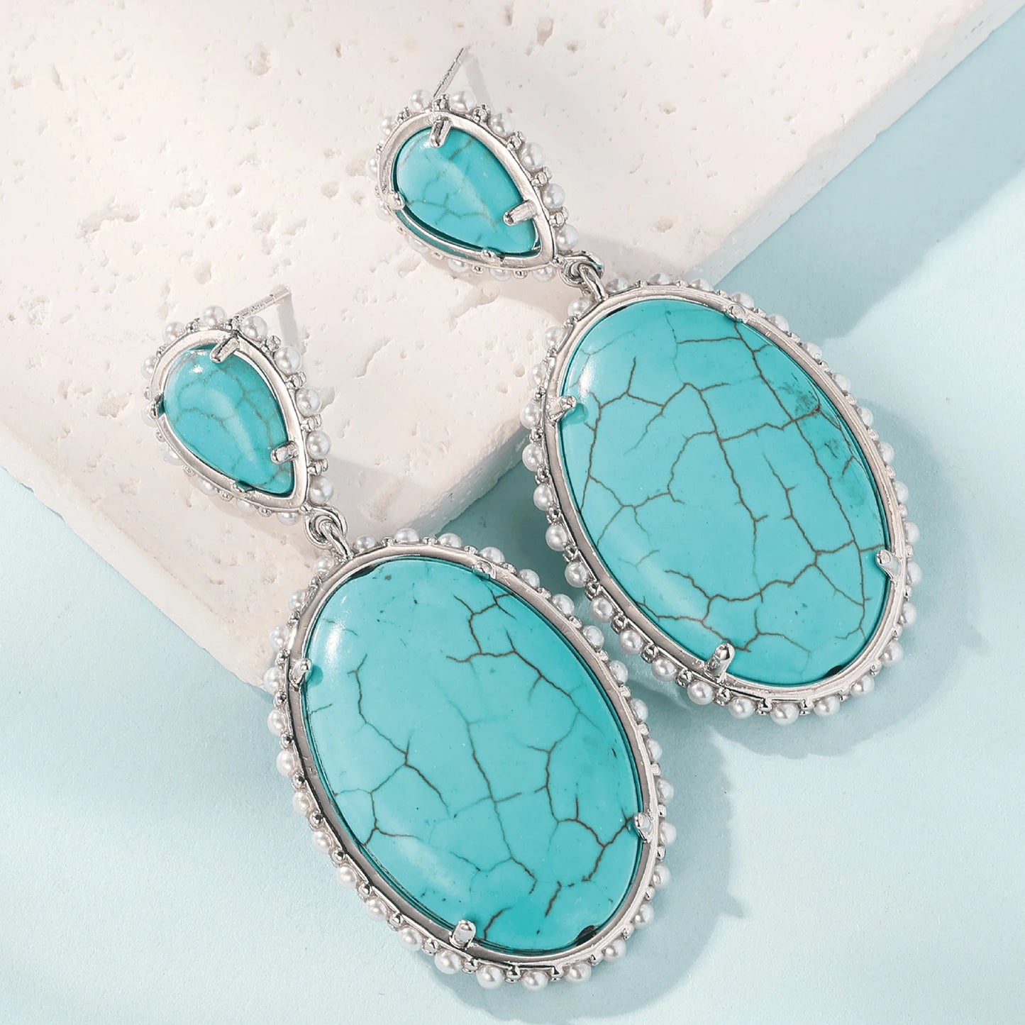 925 Silver, Turquoise and Pearl Double Treasure Earrings, Women's Earrings with high quality turquoise and pearl, fashionable an