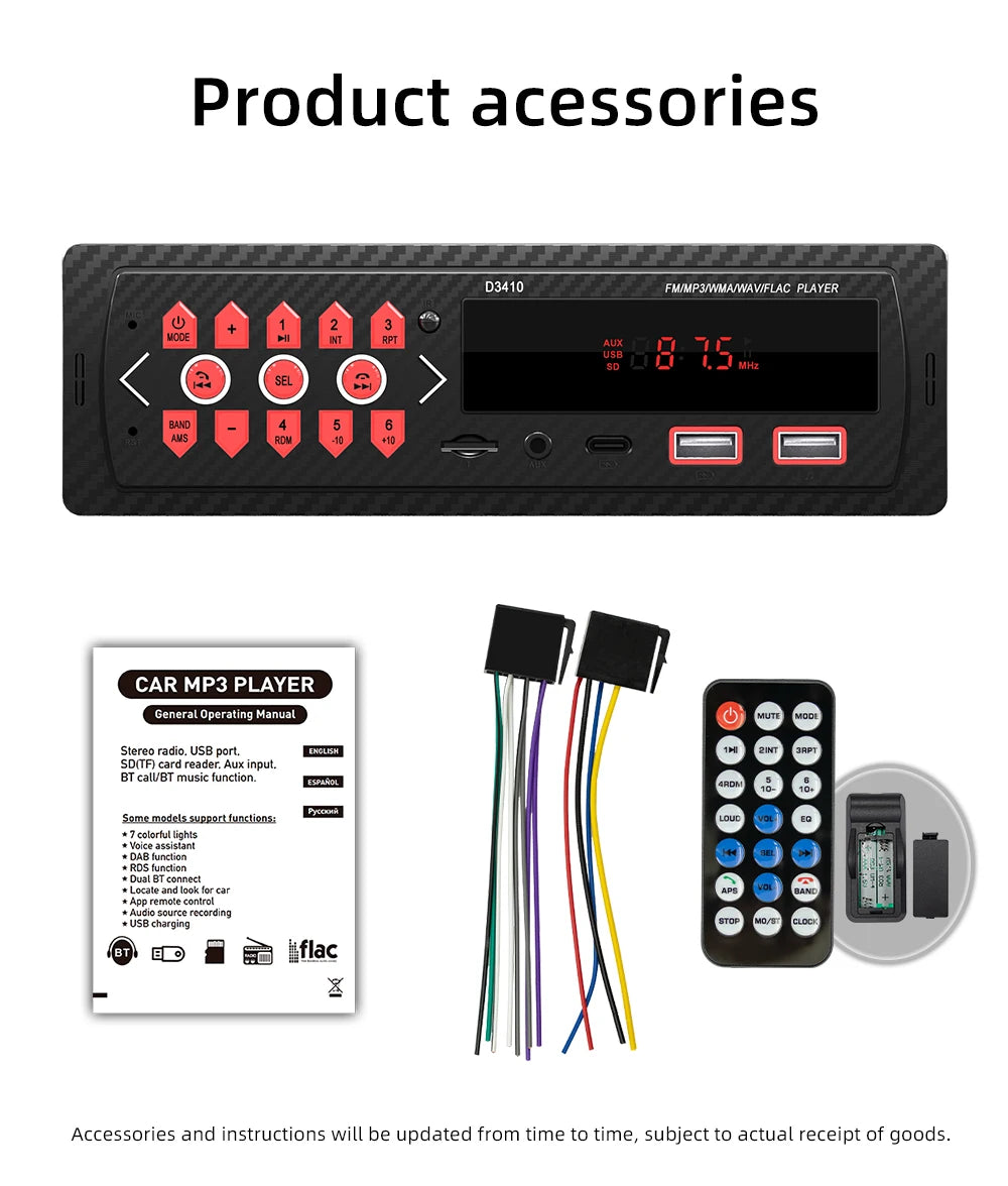 ESSGOO Car Radio 1 DIN Stereo FM Bluetooth MP3 Audio Player Cellphone Handfree Digital USB/SD With In Dash Aux Input