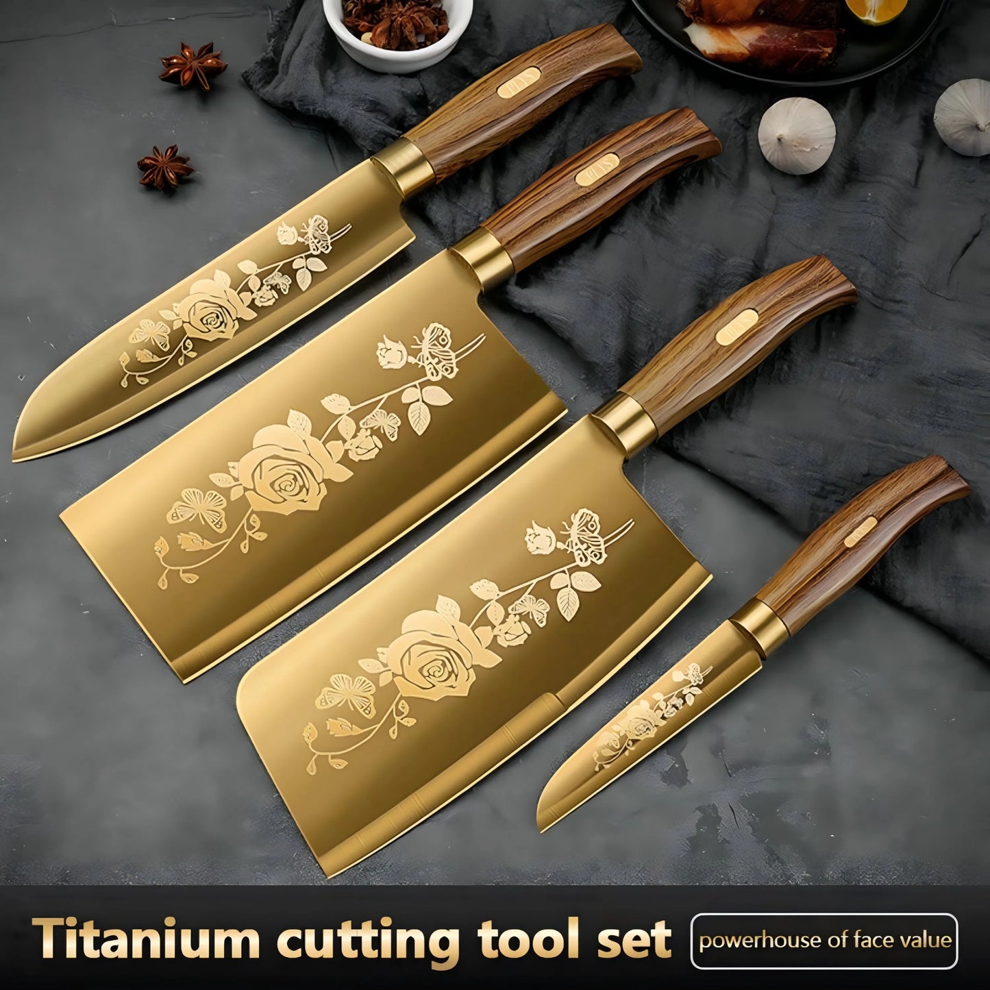 4-Piece Titanium-Coated Kitchen Knife Set - Sharp, Durable, Perfect for Cutting Meat and Bones,Commercial kitchen and Home Cooks