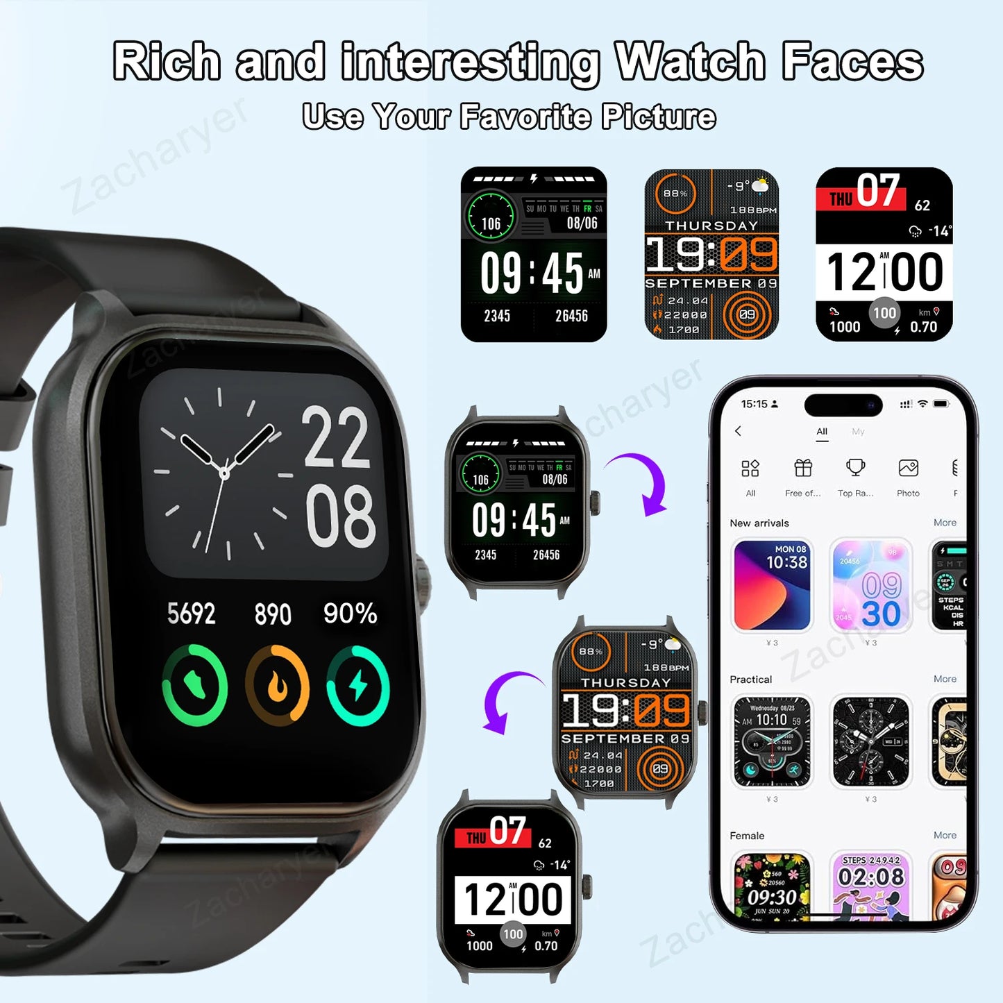 Smart watch, wireless calling/dial, multi-Sport mode, calling reminder and rejection, SMS reminder, for iPhone/Andriod - TrendForce25