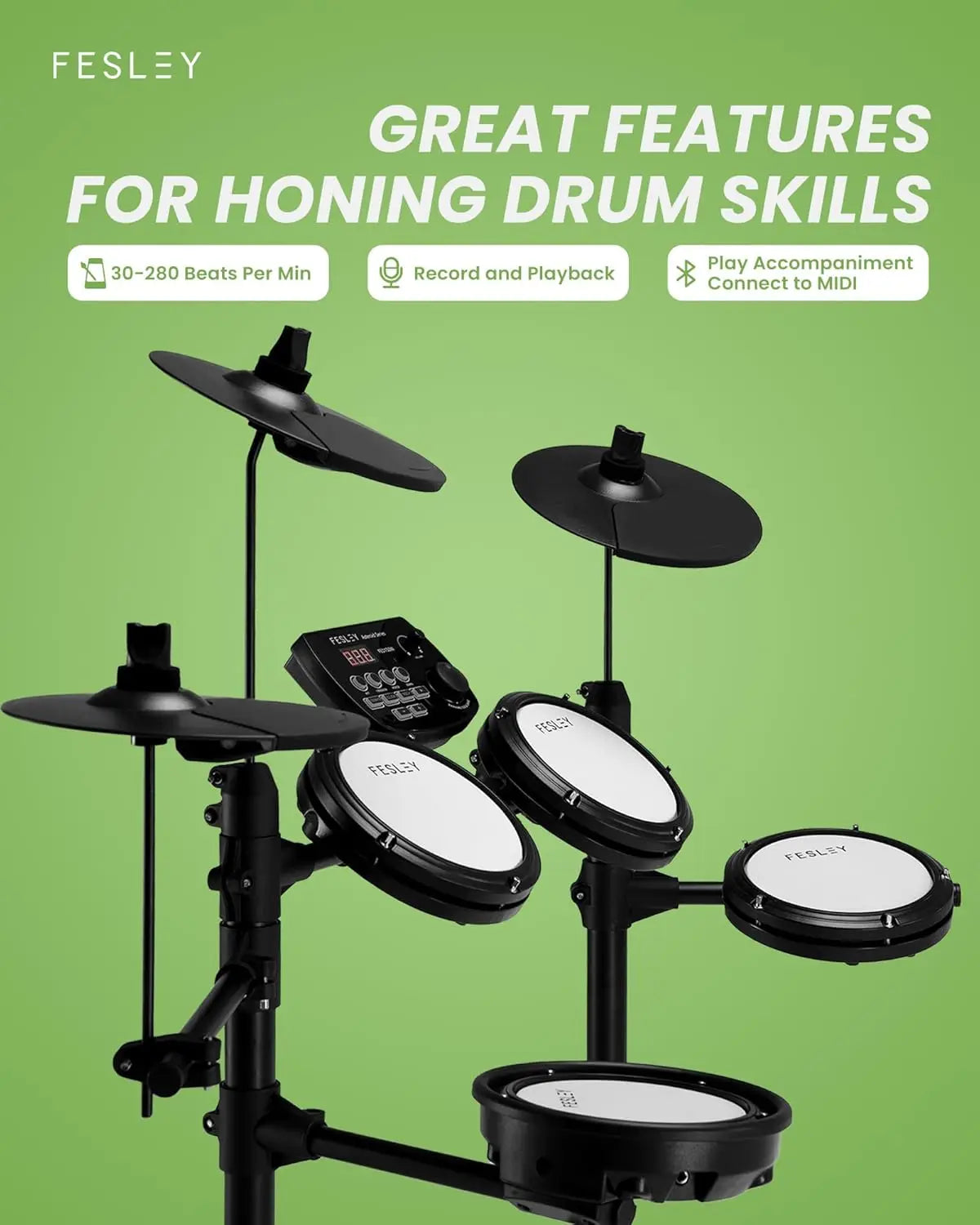 Fesley FED150W Electric Drum Set: Electronic Drum Set with 4 Quiet Mesh Drum Pads,Dual Zone Snare Drum, Portable Drum Set