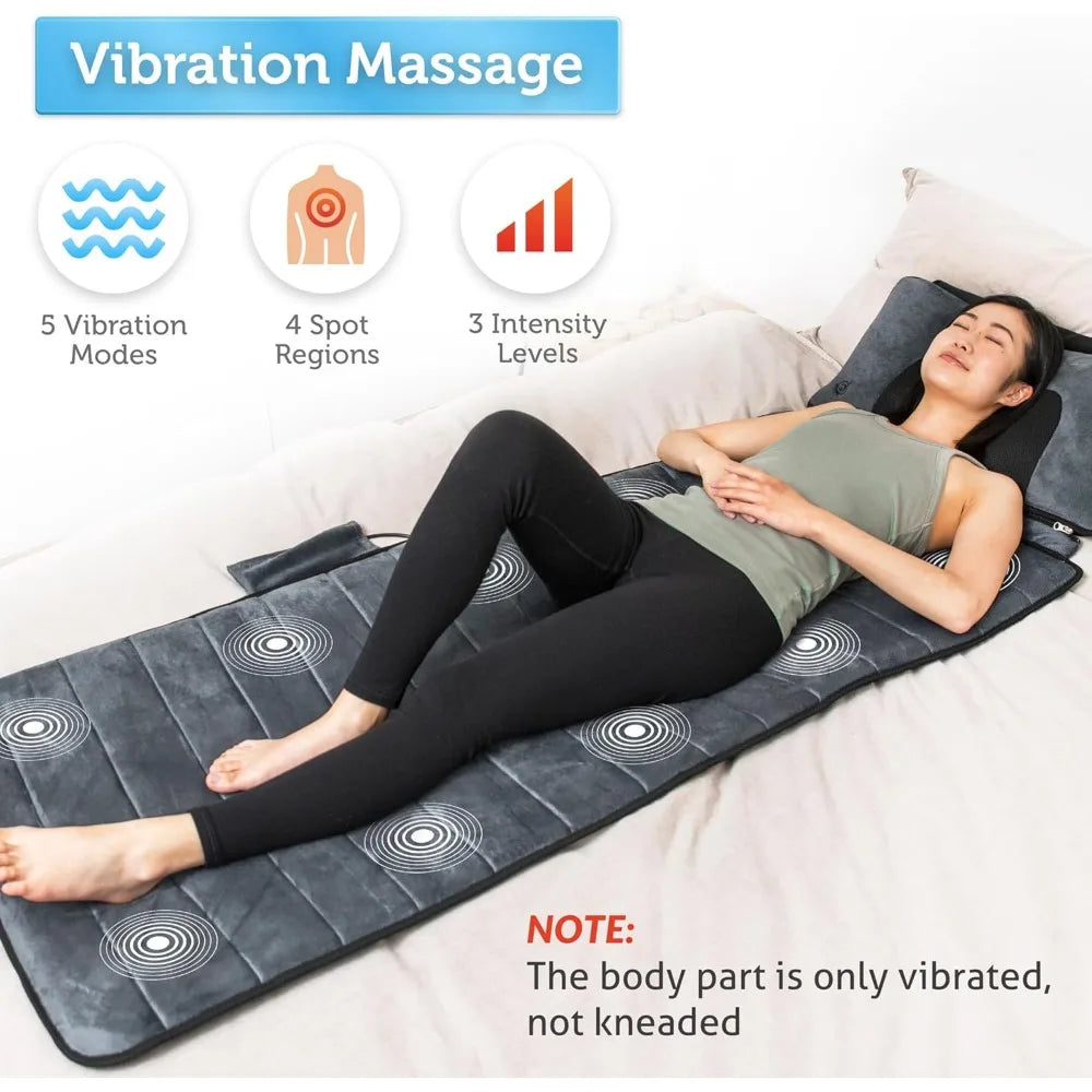 Full Body Massage Mat with Movable Neck Pillow, 10 Vibrating Motors & 4 Heating Pads, Back Massager, for Dad Men