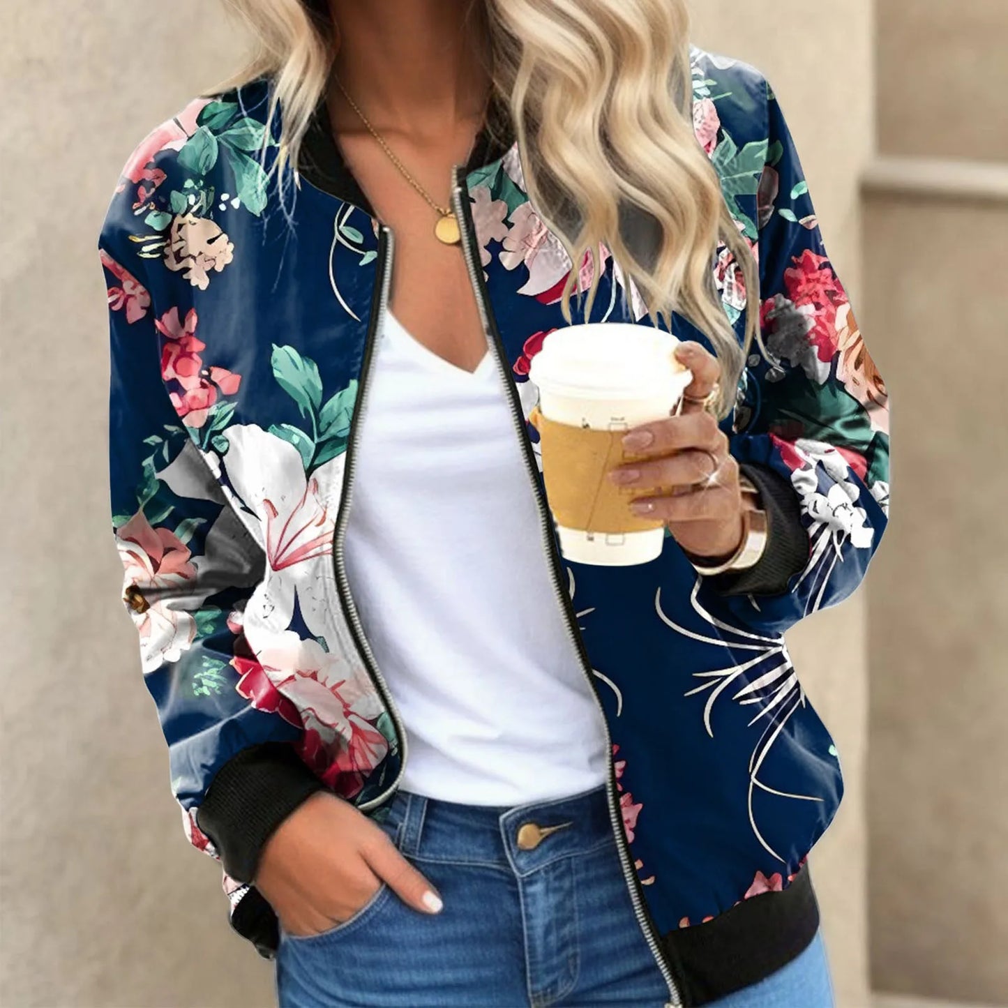 Women's Floral Print Stylish Jacket Regular Size Long Sleeve Full-Zip Baseball Jacket Casual Fall All Match Jacket Coat Outfits