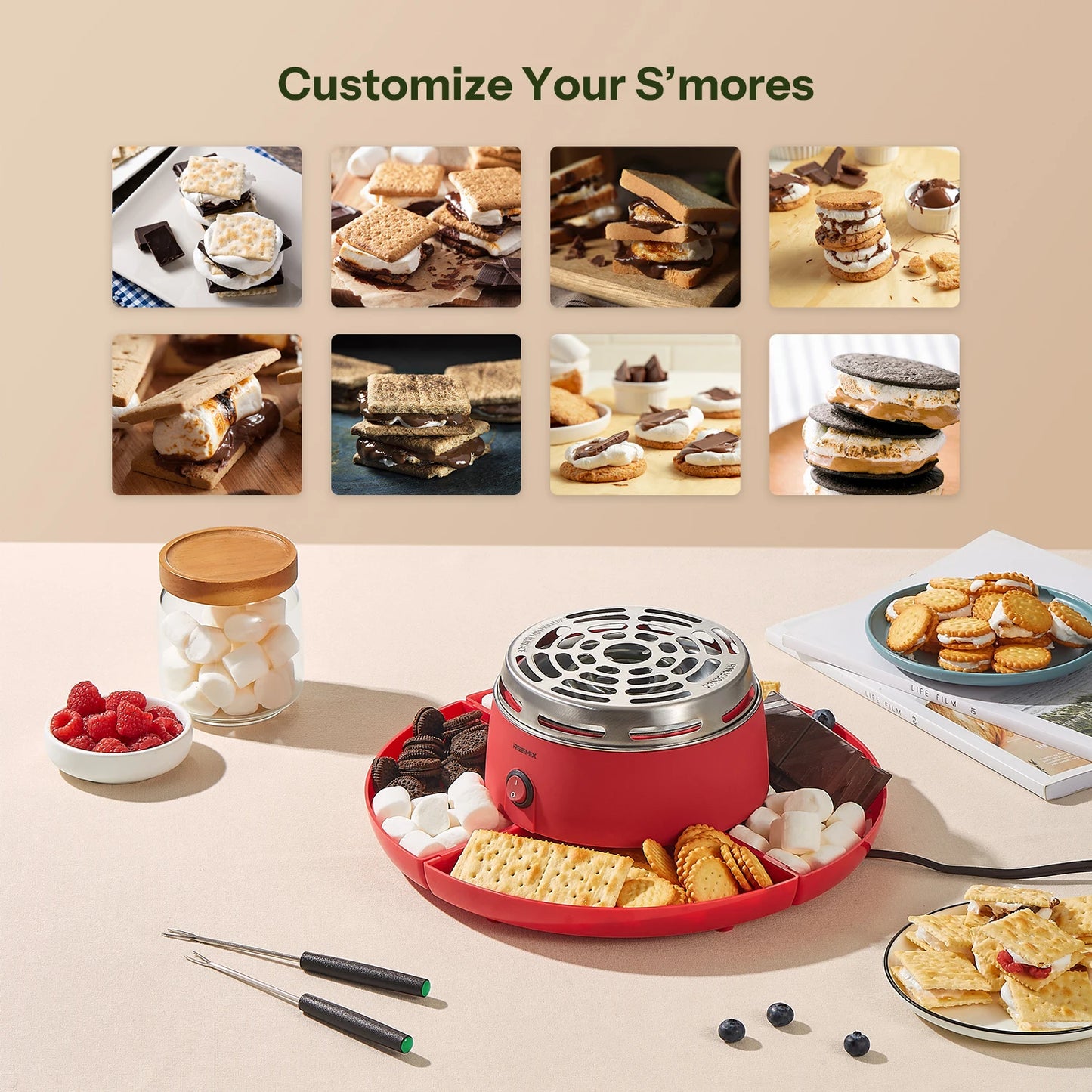S'mores Maker Tabletop Indoor, Reemix Flameless Electric Marshmallow Roaster with 4 Detachable Trays & 6 Roasting Forks - TrendForce25