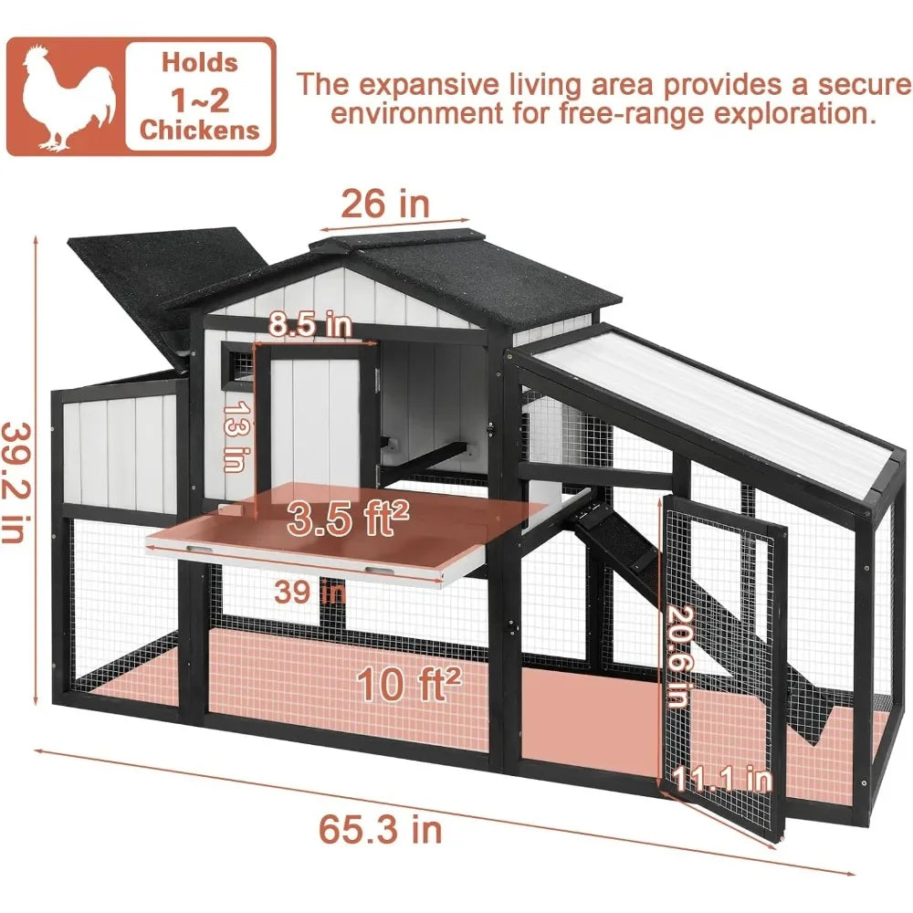 65.3" Long Chicken Coop and Hen House for 1-2 Chickens, Comes with Nesting Boxes, Trays, Perches, Combinable, Black - TrendForce25