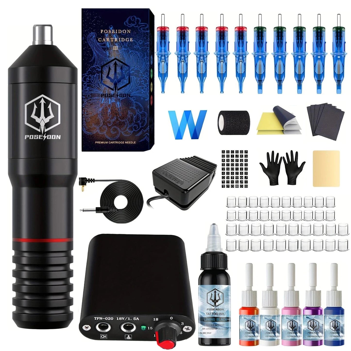 Tattoo Kit POSEIDON New Memory Tattoo Pen Kit For Permanent Makeup Tattoo Machine Wireless Tattoo Power Supply Tattoo Gun Kit