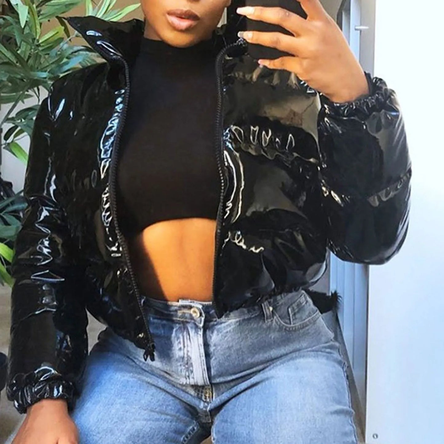 Shiny Leather Jacket Women Down Coat Autumn Winter Keep Warm Stand Collar Streetwear Y2k Bomber Jackets Red Black Wadded Jacket