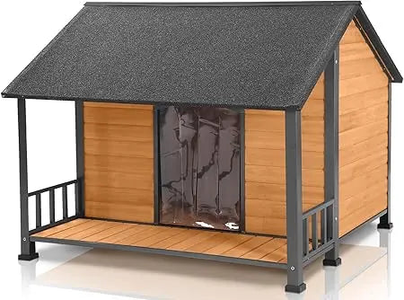 Outdoor Weatherproof Dog House - Easy to Assemble Puppy Shelter with All-Around Iron Frame & Fir Wood - Ideal for Large Dog Bree - TrendForce25