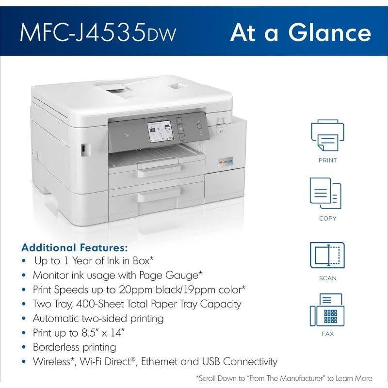 NEW MFC-J4535DW INKvestment -Tank All-in-One Color Inkjet Printer with NFC