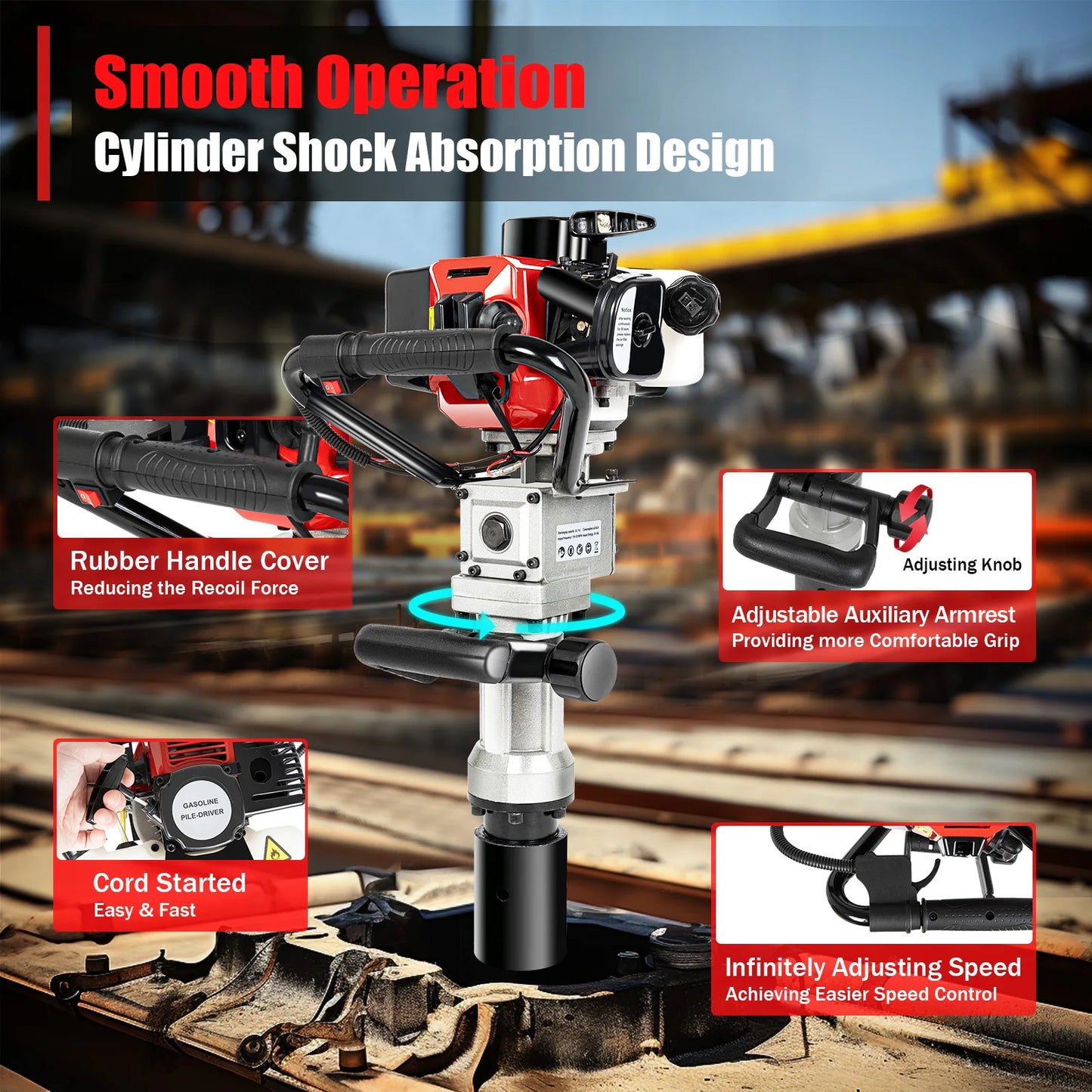 32.6cc Gasoline Pile Driver 20-45J Impact 8500RPM 0.9KW Two-stroke Piling Tool w/2 Sleeves for Fencing & Construction 