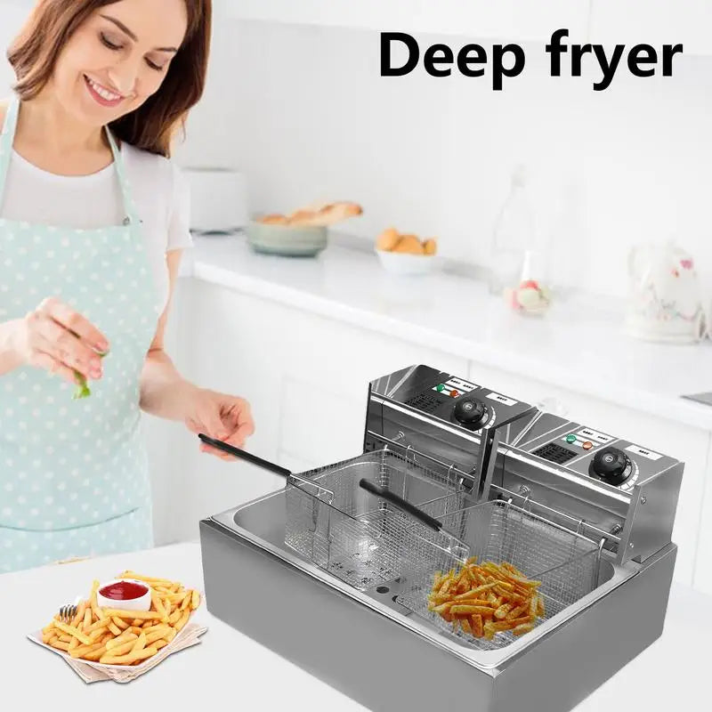 Deep Fryer Pot Electric 110V Commercial Double Stainless Steel Chicken Wings Fryers with Baskets and Temperature Control Kitchen - TrendForce25
