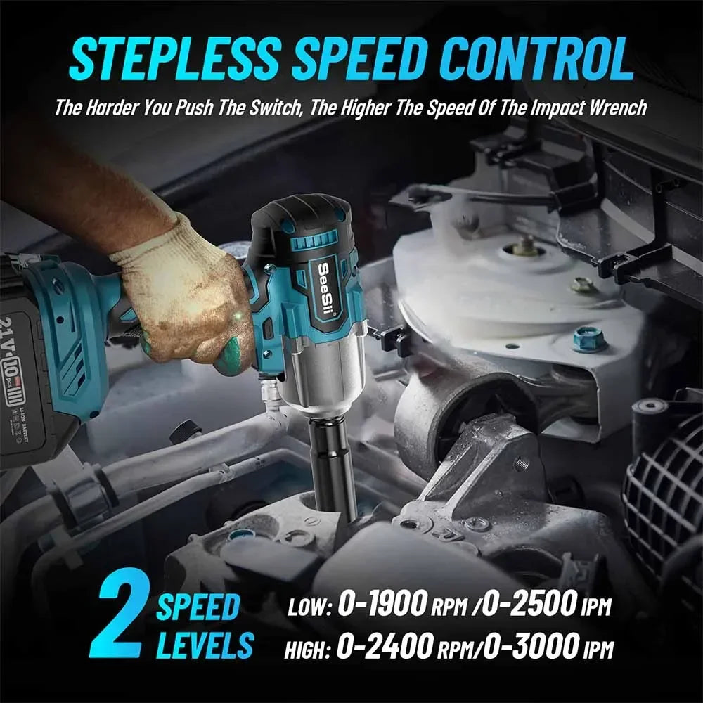 Seesii WH460 Cordless Impact Wrench Brushless 450N.m Electric Wrench 1/2'' Impact Gun 2*4.0Ah Battery For Car Home Power Tools