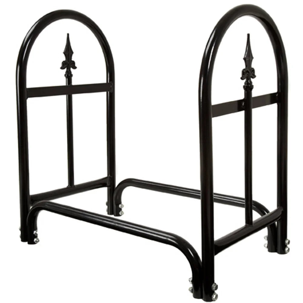 Fireplace Log Rack Steel Firewood Holder with Finial Design Sturdy Indoor Outdoor Wood Storage Solution Black Finish