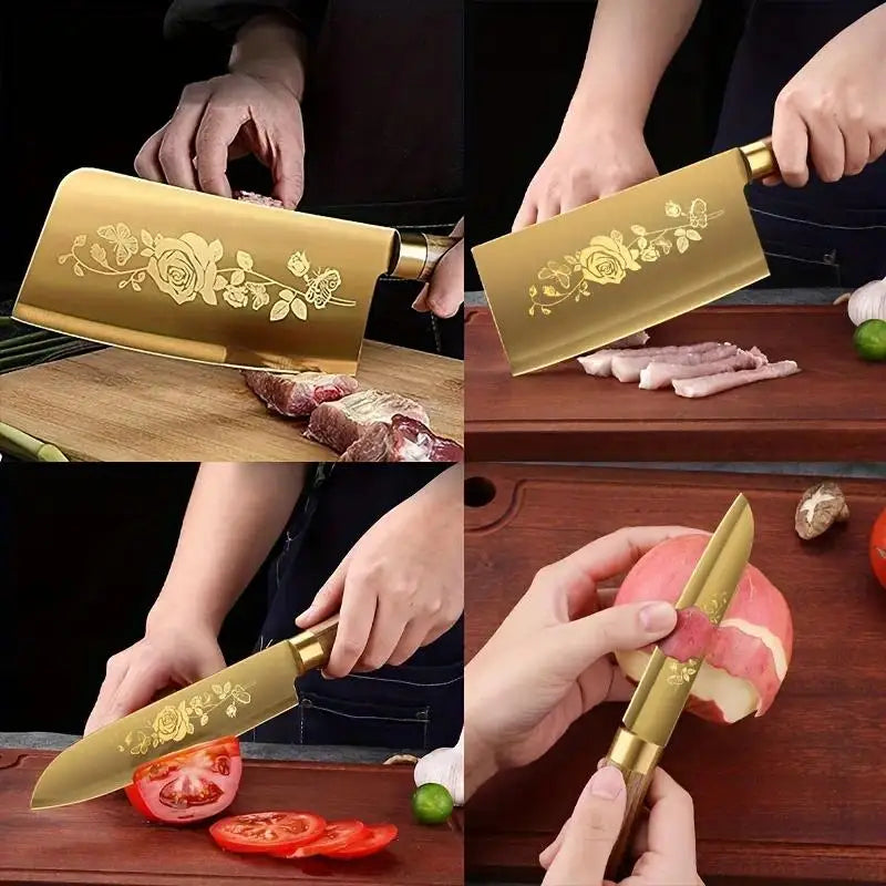 4-Piece Titanium-Coated Kitchen Knife Set - Sharp, Durable, Perfect for Cutting Meat and Bones,Commercial kitchen and Home Cooks