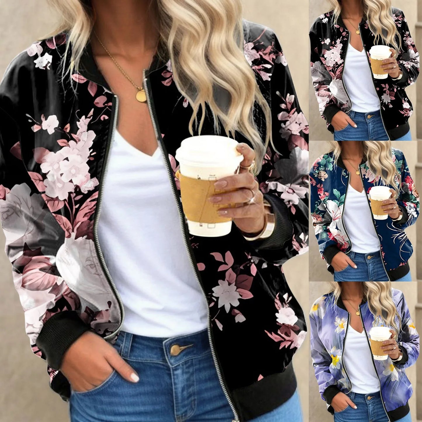 Women's Floral Print Stylish Jacket Regular Size Long Sleeve Full-Zip Baseball Jacket Casual Fall All Match Jacket Coat Outfits