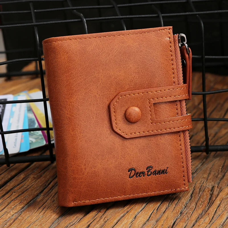 Men's Short Wallet Double zipper Multi Card Slots Holder Coin Purses With Snap Button PU Leather Billfold - TrendForce25