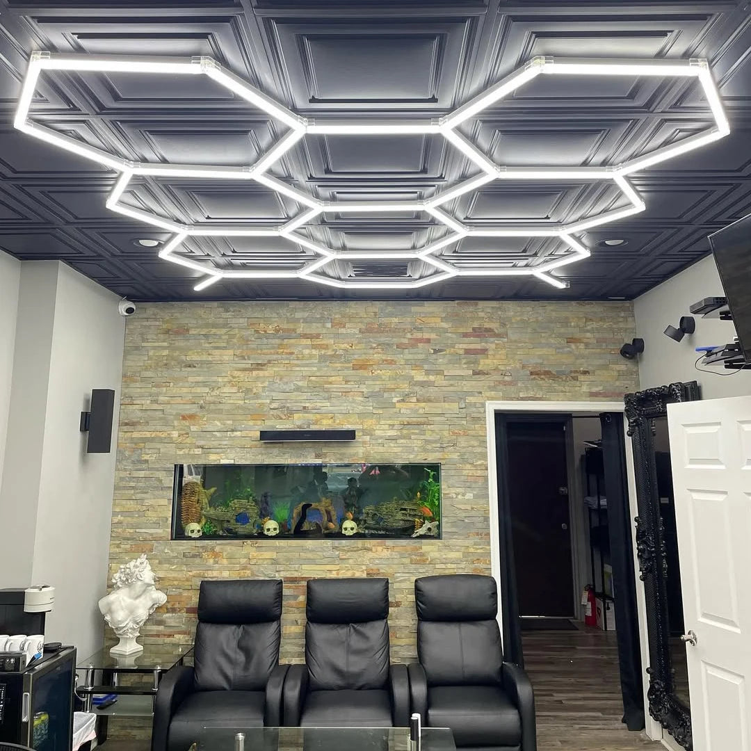 Hexagon LED Garage Light 110-240V 6500K Honeycomb Ceiling LED Lighting Tube for Car Detailing Shop Barbershop Gym Car Wash Room