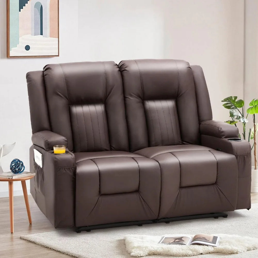 Loveseat Recliner with Cup Holders&Side Pockets, Modern Manual RV Couch Sofa Wall Hugger Recliner Faux Leather Double Recliner H - TrendForce25