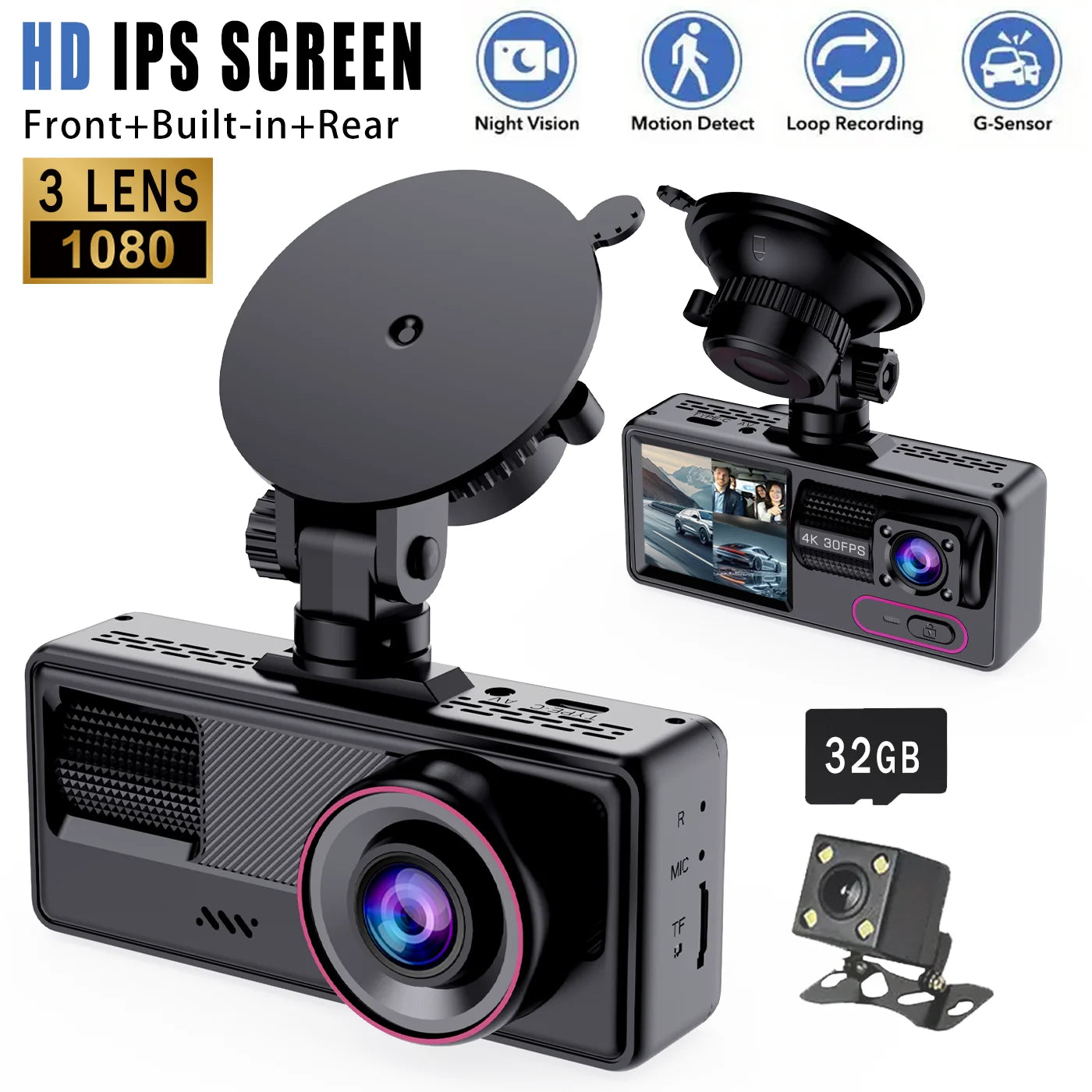 Dash Cam, 3 Channel Dash Cam,1080P car Cam Front And inside And Rear, Tripie CarDash Camera, Car Camera With 32GB Card,Night Vis - TrendForce25