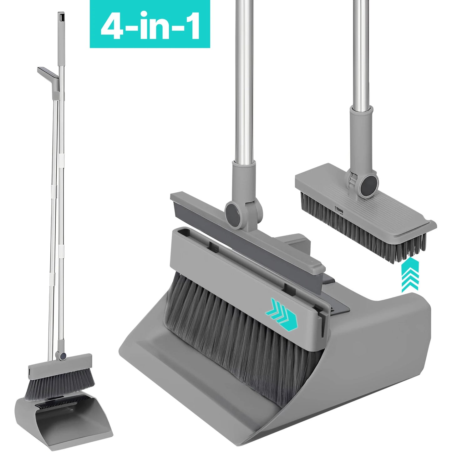 4-in-1 Broom and Dustpan Set - Heavy Duty Bristles (Pet Hair Resistant), Angle-Adjustable, Sticky-Free Cleaning Kit for Floors &