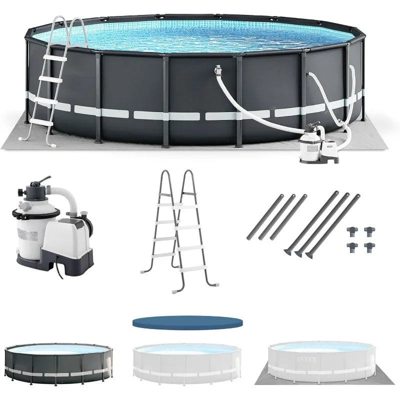 14' x 42" Round Above Ground Outdoor Swimming Pool Set with Sand Filter Pump, Ladder, Ground Cloth, and Po - TrendForce25