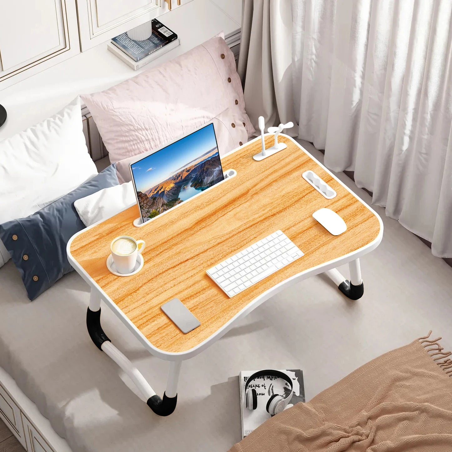 NEW 40x60cm portable folding table laptop table for office and home use with USB light, small fan, cup holder, tablet slot