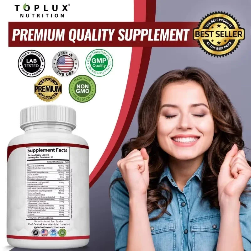 Vitamin C, Vitamin E Supplement, Blood Sugar Complex, Supports Heart Health, Overall Health and Immune System, 60 Capsules - TrendForce25