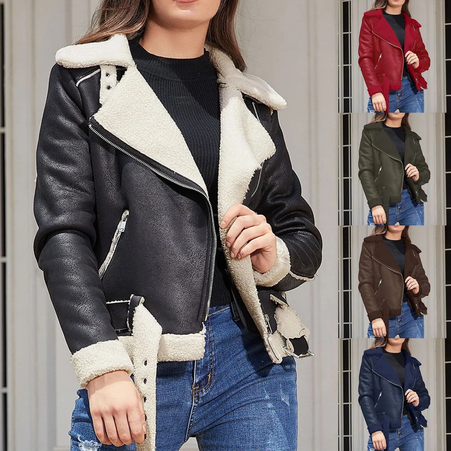 Warm Suede Lamb Jacket Winter Women Thick Short Motorcycle Coats Faux Shearling Leather Jackets Zip Cool Outwear Women'S Coat