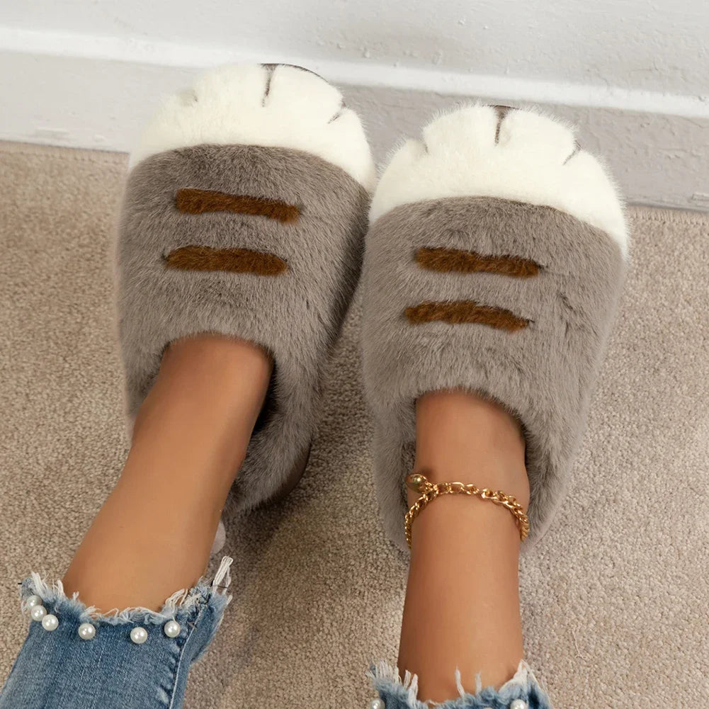 3D Cat Paw Plush Slippers Slip-on House Shoes Comfortable Furry Paw Couple Slippers Winter Soft Warm Slippers for Indoor Bedroom