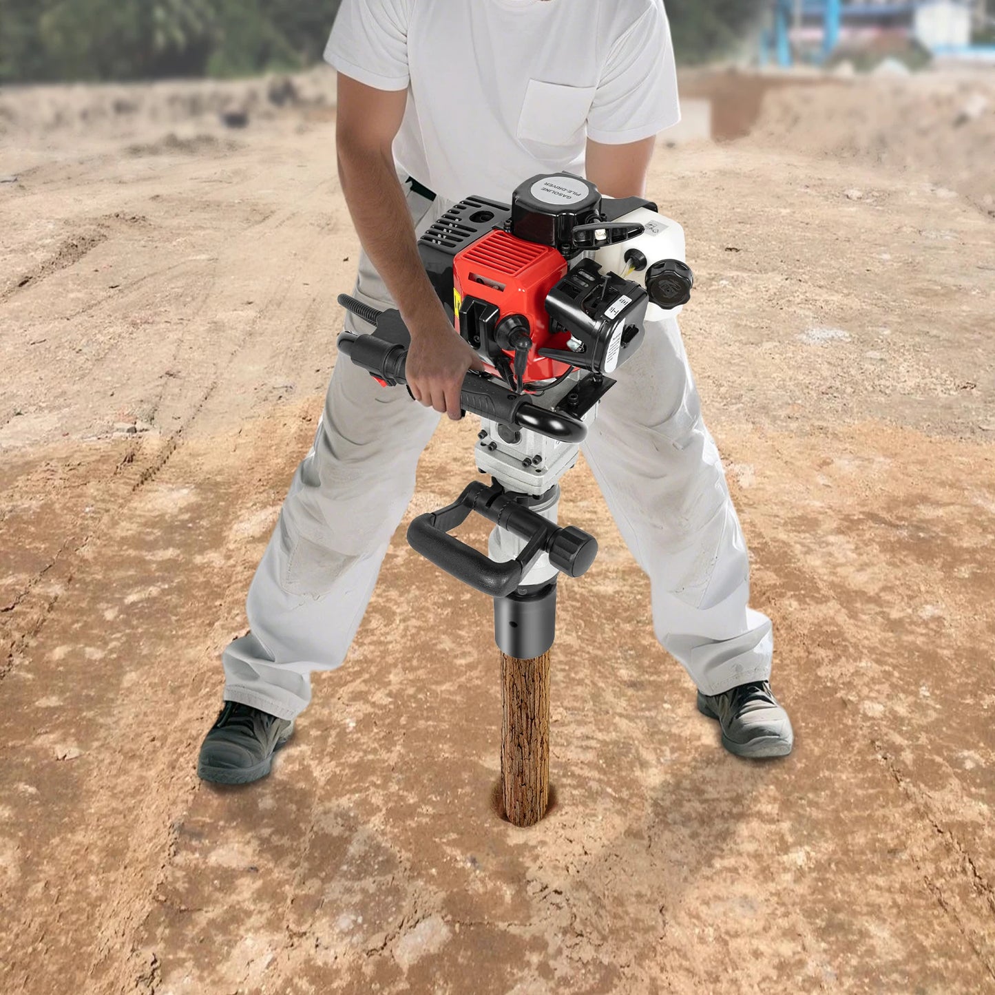 32.6cc Gasoline Pile Driver 20-45J Impact 8500RPM 0.9KW Two-stroke Piling Tool w/2 Sleeves for Fencing & Construction 