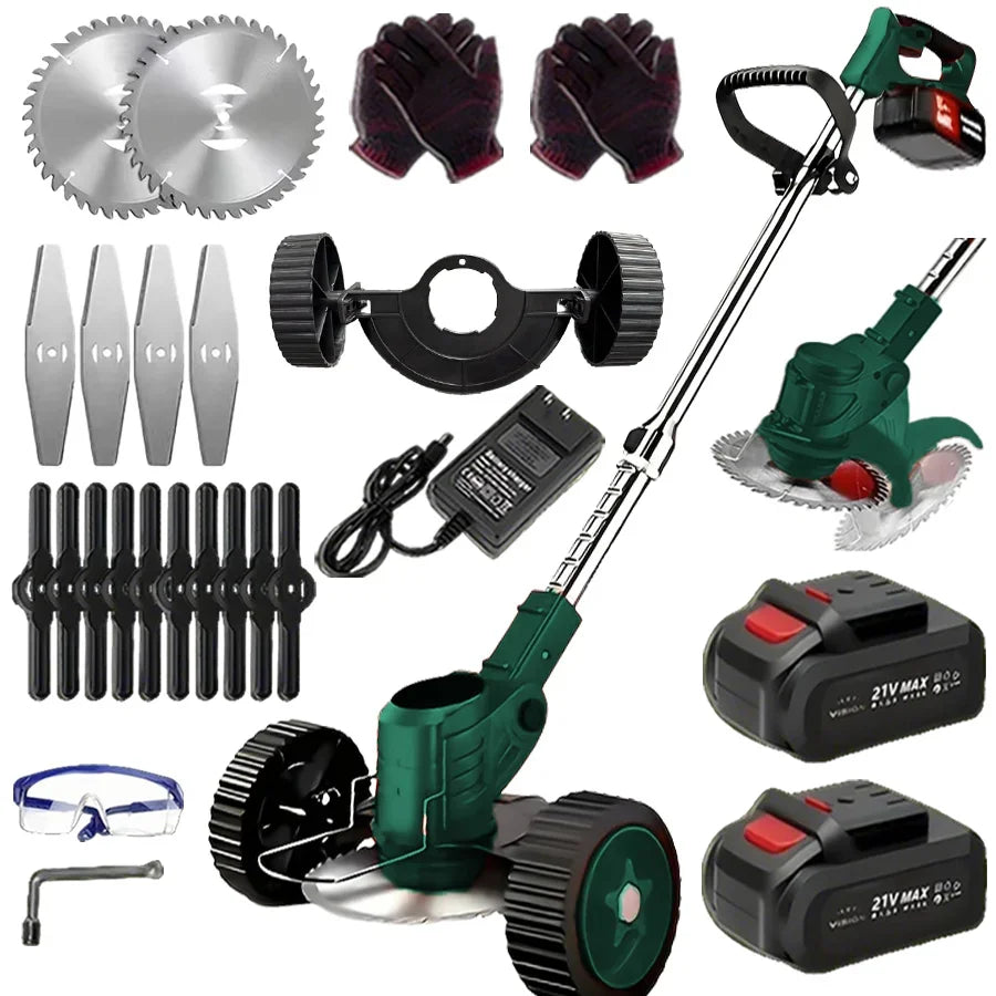 Wireless portable weed trimmer for lawn trimming. The trimmer is equipped with 2 lithium batteries and comes with replaceable bl