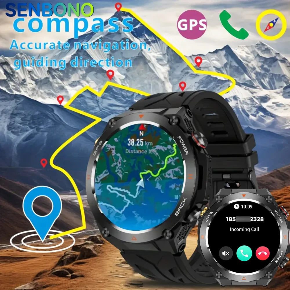 SENBONO New GPS Smart Watch 1.45” HD Display Built-in GPS Bluetooth Phone Call 1ATM Waterpro Military Sports Smartwatch for Men