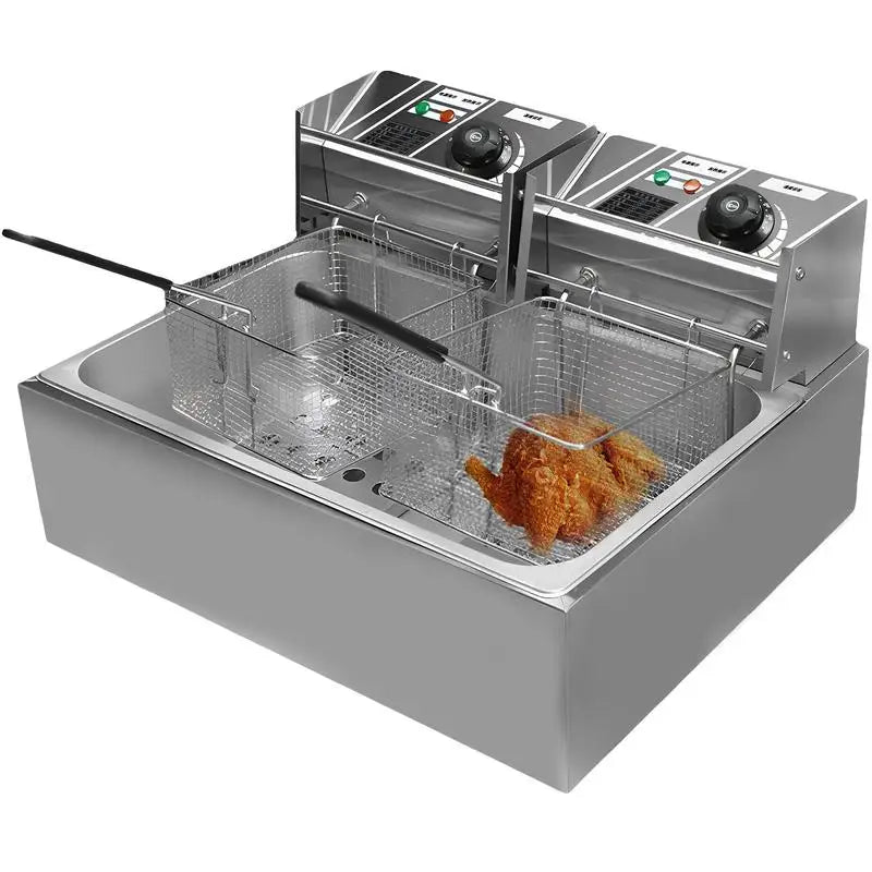 Deep Fryer Pot Electric 110V Commercial Double Stainless Steel Chicken Wings Fryers with Baskets and Temperature Control Kitchen - TrendForce25