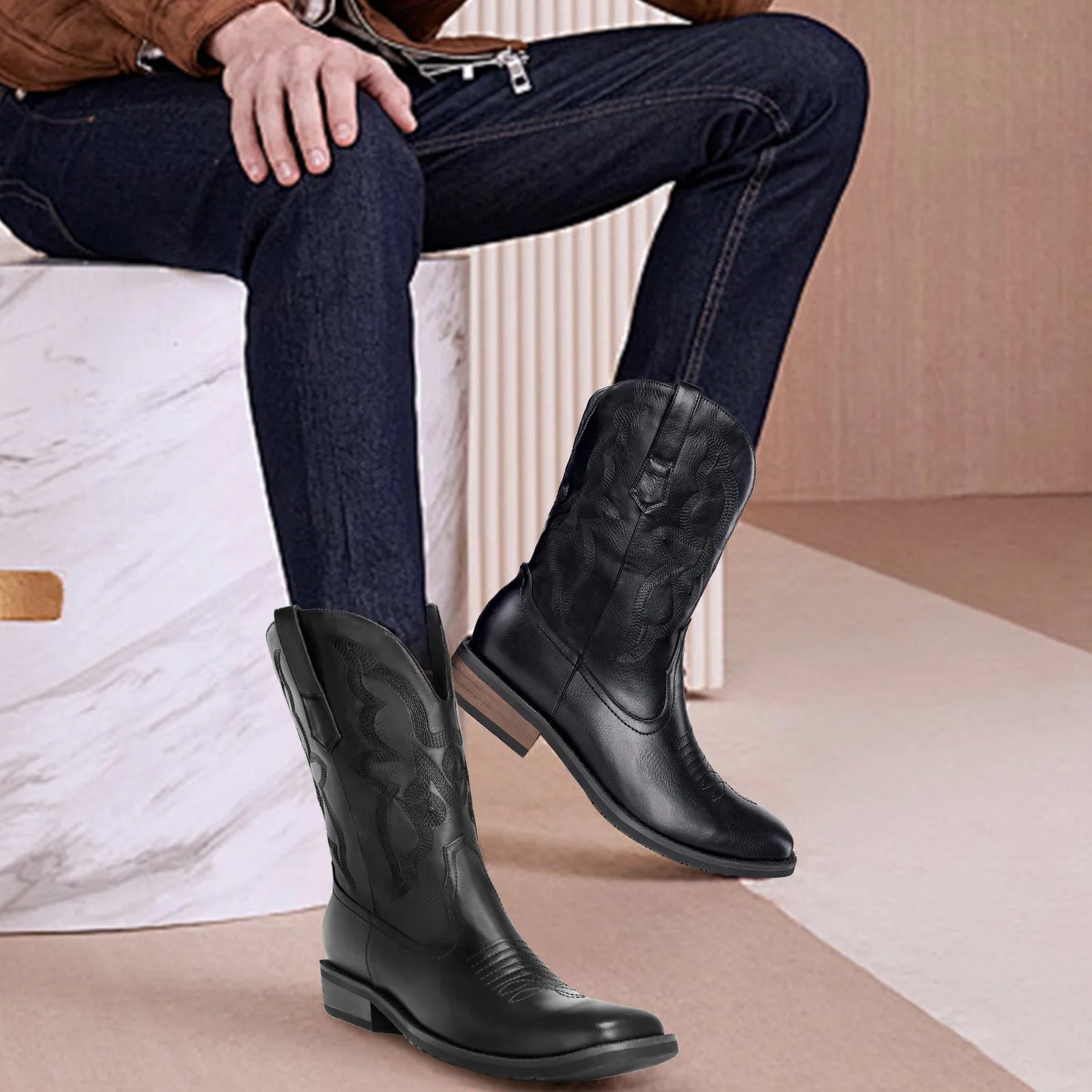 Men's Authentic Western Boots: Black Square Toe with Old West Embroidery – Simple Pull-On Convenience - TrendForce25