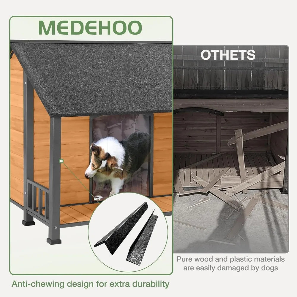 Outdoor Weatherproof Dog House - Easy to Assemble Puppy Shelter with All-Around Iron Frame & Fir Wood - Ideal for Large Dog Bree - TrendForce25