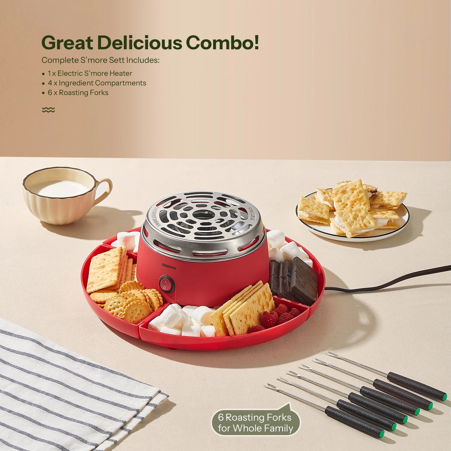 S'mores Maker Tabletop Indoor, Reemix Flameless Electric Marshmallow Roaster with 4 Detachable Trays & 6 Roasting Forks - TrendForce25