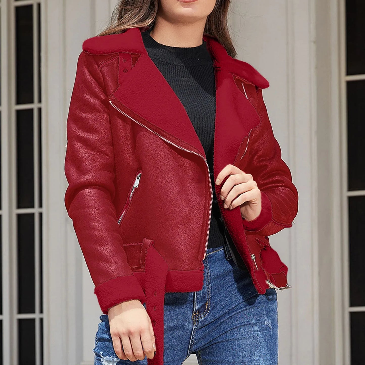Warm Suede Lamb Jacket Winter Women Thick Short Motorcycle Coats Faux Shearling Leather Jackets Zip Cool Outwear Women'S Coat
